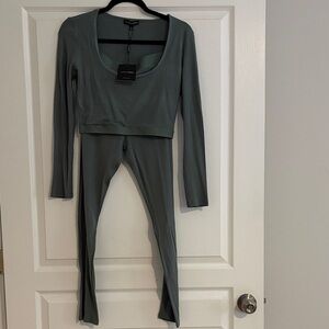 JLUXLABEL Olive Green Two-Piece Long Sleeve Top and Leggings Set